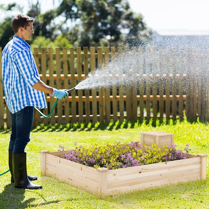 Giantex Raised Garden Bed 49x49x10 Wood Planter Box Kit w/Compost Bin &amp Open-Ended Bottom for Vegetables Flowers Herbs Fruits Elevated Square Planting Bed for Patio Backyard Garden