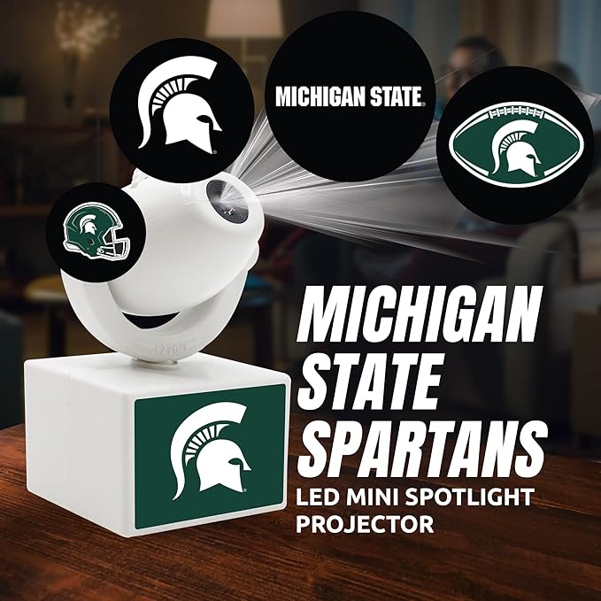 Sporticulture NCAA American Football Michigan State Spartans - Adjustable Led Mini Spotlight Projector with 6 Team Logo Designs - Portable &amp Rechargeable Spotlight - Battery-Operated - 4.37” x 3.1