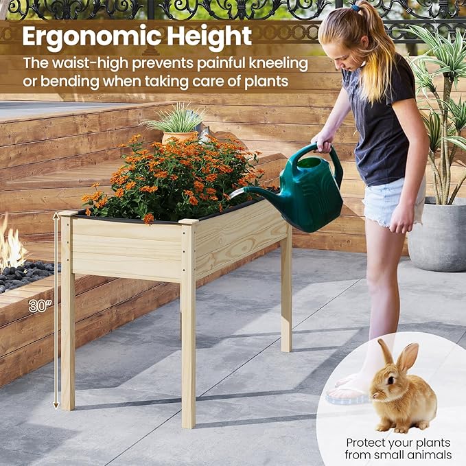 S AFSTAR 2 Pieces Wooden Raised Garden Bed with Legs Planter Box with Liner &amp Drainage Holes for Vegetable Flower Herb Indoor Outdoor Elevated Gardening Box for Backyard Patio Balcony