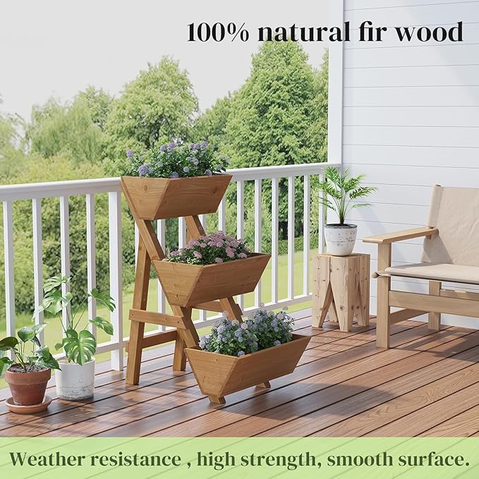 3-Tier Wooden Vertical Raised Garden Bed with Legs Tiered Planter Box Vertical Garden PlanterWood Plant Stand Wood Flower Rack for Patio Balcony Freestanding. (Brown-Small)