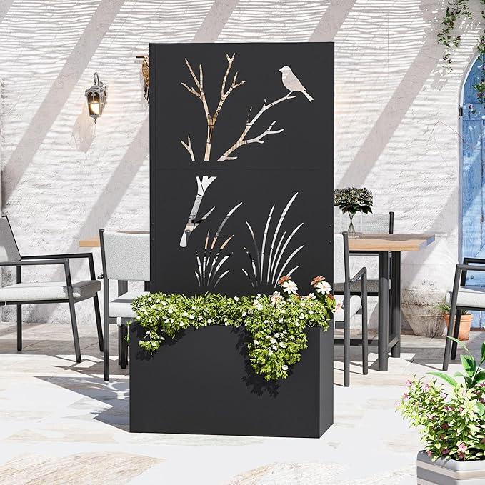 Modern Shade Metal Planter Box with Trellis Privacy Screen 4x6 FT Large Raised Garden Bed Multi-Functional Privacy Screen Outdoor with Drainage Holes for Climbing Plants Perch Meadow