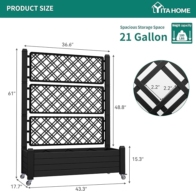 YITAHOME 3.6x1.5x5 FT Planter Box Trellis with Wheels Large Outdoor Plastic Raised Garden Bed with Drain Plug for Climbing Plants Black