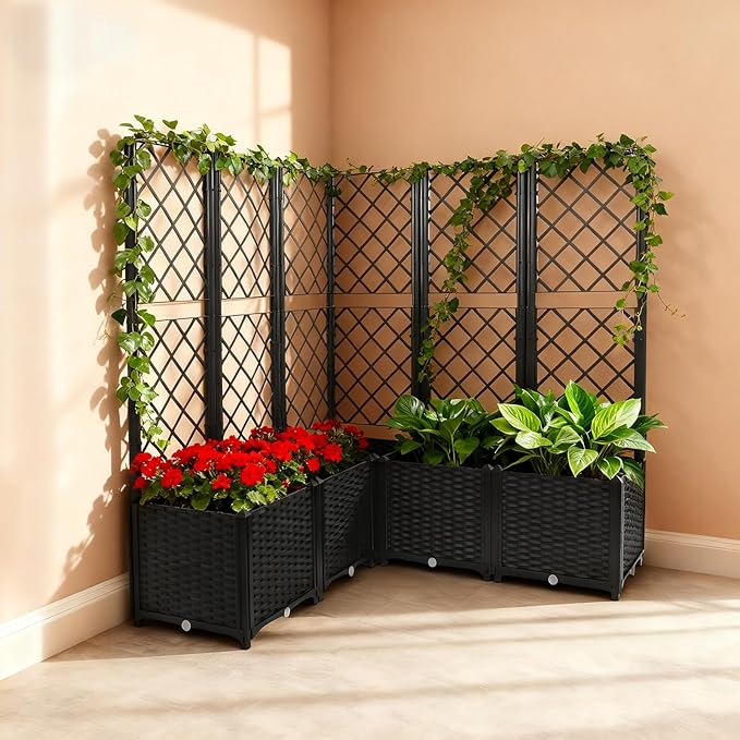 5 PCS Plastic Plant Sturdy Raised Garden Bed with Trellis 56 H Horticulture Outdoor Raised Box Privacy Screen for Patio Balcony Garden Planter Box for Backyard Patio (Gray)