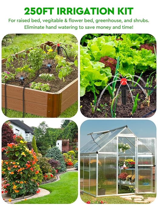 250FT Drip Irrigation System for Garden - 50FT 1/2 Main Tube &amp 200FT 1/4 Branch Tubing Brass Splitter Quick Connect Design Perfect for Outdoor Plants Raised Beds Greenhouses