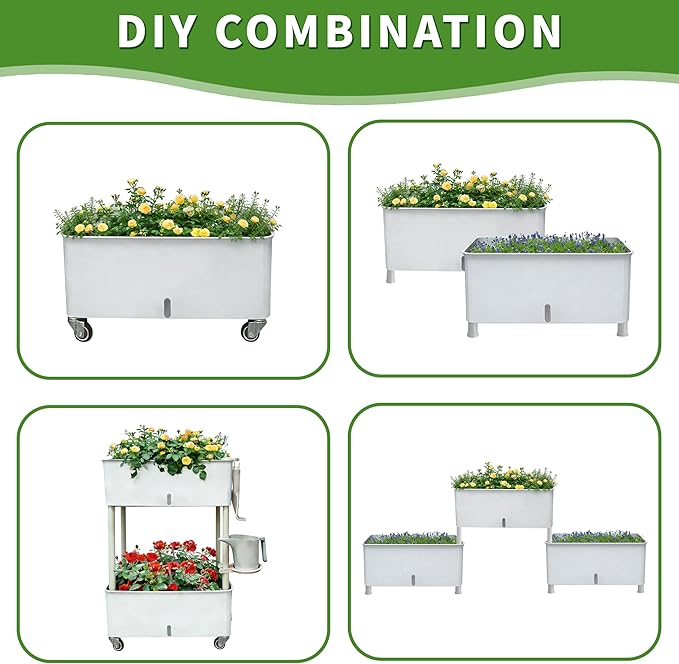 MNKXL Self-Watering Raised Planter Box with Lockable Wheels2-Tier Elevated Garden Bed with Visible Water Level WindowIndoor Outdoor Plastic Plant Box for FlowersVegetables &amp Herbs