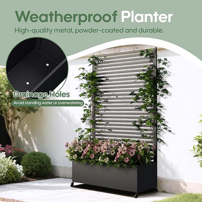 Metal Planter Box with Trellis Privacy Screen Raised Garden Bed with Trellis &amp Wheels Privacy Planters for Patio Planter Box with Drainage Holes for Climbing Plants 73x 47x 16 Black