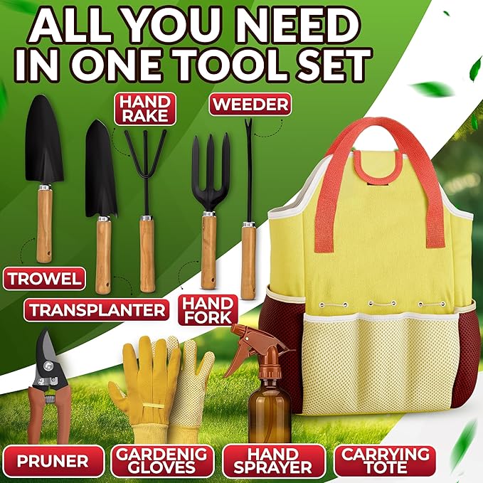 10 Pcs Gardening Tool Set for Women – All-in-One Garden Tools Set with Handy Tote Bag Ergonomic Design &amp Rust-Resistant Steel – Gardening Tools for Women for Easy Garden Care &amp Gifts for Plan