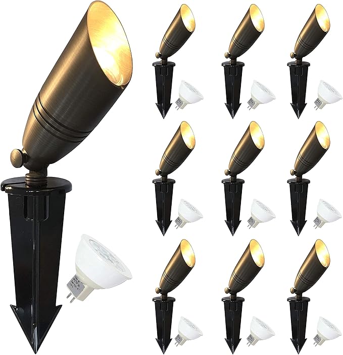 GKOLED 10 Pack Brass Landscape Spotlights (MR16 Bulbs Included) with 4 Pack Brass Landscape Path Lights (G4 Bulbs Included) with 1 Pack 120W Low Voltage Transformer