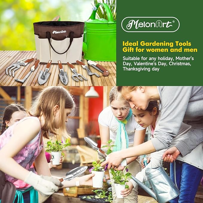 MelonArt Garden Tool Set10 Pcs Heavy Duty Gardening Hand Tool Kit for Women Aluminum with Non Slip Ergonomic Handle Storage Tote Bag and Gardening Gloves Ideal Gifts for Women and Men