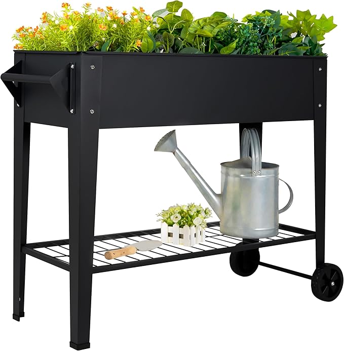 Elevate 32 Tall Raised Garden Bed Outdoor with Wheels &amp Shelf for Mobility 400LBS Capacity Anti-Rust Steel Planter Box for Vegetables/Herbs Patio-Balcony-Backyard
