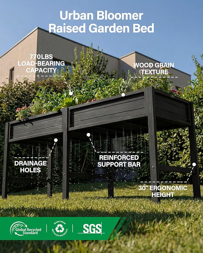 YEFU Raised Garden Bed with Legs: 72x24x30 Inch Elevated Planter Box for Herbs/Vegetables/Flowers - Waist-High UV-Resistant HIPS Material &amp Drainage Holes - 770lbs Capacity for Patio/Balcony (Blac