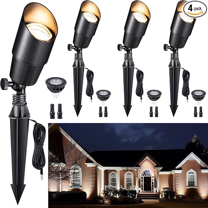 Gardenreet Brass Landscape Lighting - Black Outdoor Low Voltage Spotlights LED 12V Wired Uplights Waterproof Spot Lights for Outside Trees with 5W 4000K Natural White MR16 Bulb (4 Pack)