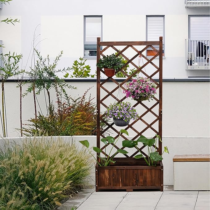Anraja Raised Garden Bed with Trellis Wooden Planter Box Outdoor Wood Privacy Screen for Climbing Plant Planting Flower Patio Tomato Vegetable Herb Balcony Porch 29.5 L x 17.0 W x 67.0 H