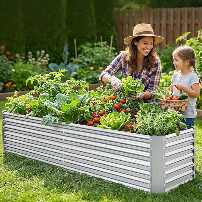 8x2x2ft Raised Garden Bed - Galvanized Deep Root Planter Boxes Outdoor with Wing Nuts and Safety Edges for Gardening Vegetables Flowers Herbs Succulents - Silver