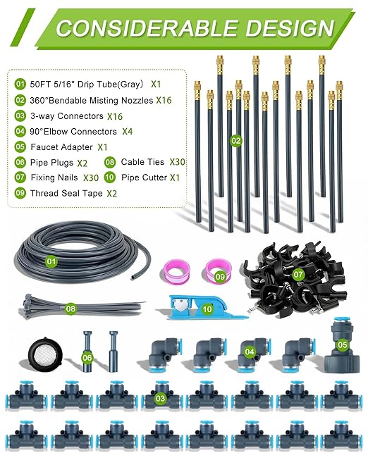 Drip Irrigation System 360° Adjustable - 2026 Upgraded 50FT Garden Watering System with 16 Nozzles and 90° Elbow Greenhouse Drip Irrigation Kit for Garden Yard Lawn Plants 5/16in HDPE Hose(Gray)
