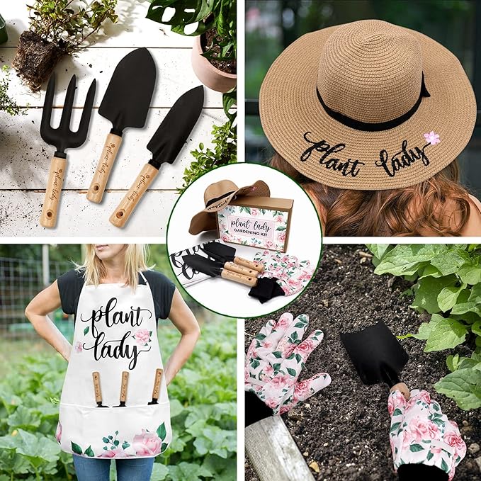 Percozzi Plant Lady Gardening Tool Gifts for Mom Gardening Tools Kit Planting Tools Straw Hat Floral Apron Glove for Her Mother Spring Grandmother Plant Lover Gift Horticulture Starter