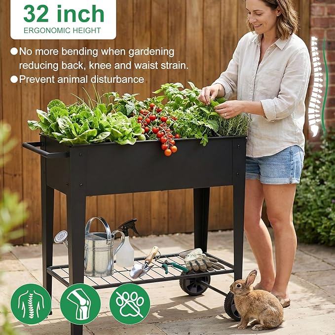 Elevated 32 Tall Raised Garden Bed with Legs and Wheels for Mobility Metal Planter Boxes Outdoor with Shelf Raised Bed for Gardening Vegetables/Herbs Backyard Patio Balcony Black