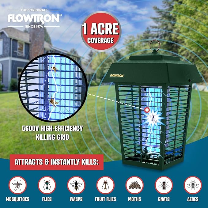Flowtron Bug Zapper 1 Acre of Outdoor Coverage with Powerful 40W Bulb &amp 5600V Instant Killing Grid Electric Insect Fly &amp Mosquito Zapper Made in The USA - Green Color