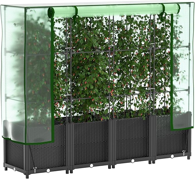 Onelike 64'' x 16'' x 55.5'' Plastic Raised Garden Bed with Greenhouse Cover and Trellis Vertical Tomato Planters for Climbing Plants Self Watering System Tomatoes Cage for PatioBlackLarge