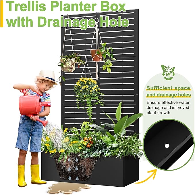 FENCY Metal Raised Garden Bed with Trellis Metal Planter Box with Trellis Garden Box for Climbing Plants Vegetable 35 Lx16 Wx71 H Garden Bed with Drainage Holes(Black-Louvered)