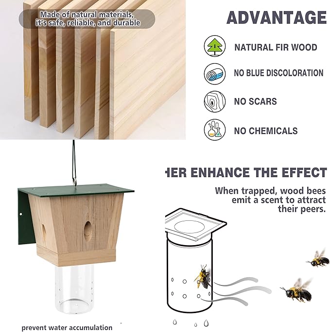 Carpenter Bee Trap for Outside - Green Pentroof Shed Style Nature Hanging Wood Carpenter Bee Traps Outdoor - Best Bee Trap - Insect Traps with Removable Vault (1 Pack)