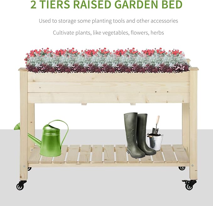Outsunny Raised Garden Bed 47 x 22 x 33 Elevated Wooden Planter Box w/Lockable Wheels Storage Shelf and Bed Liner for Backyard Patio Natural