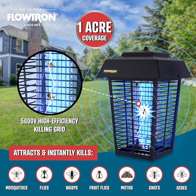 Flowtron Bug Zapper 1 Acre of Outdoor Coverage with Powerful 40W Bulb &amp 5600V Instant Killing Grid Electric Insect Fly &amp Mosquito Zapper Made in The USA