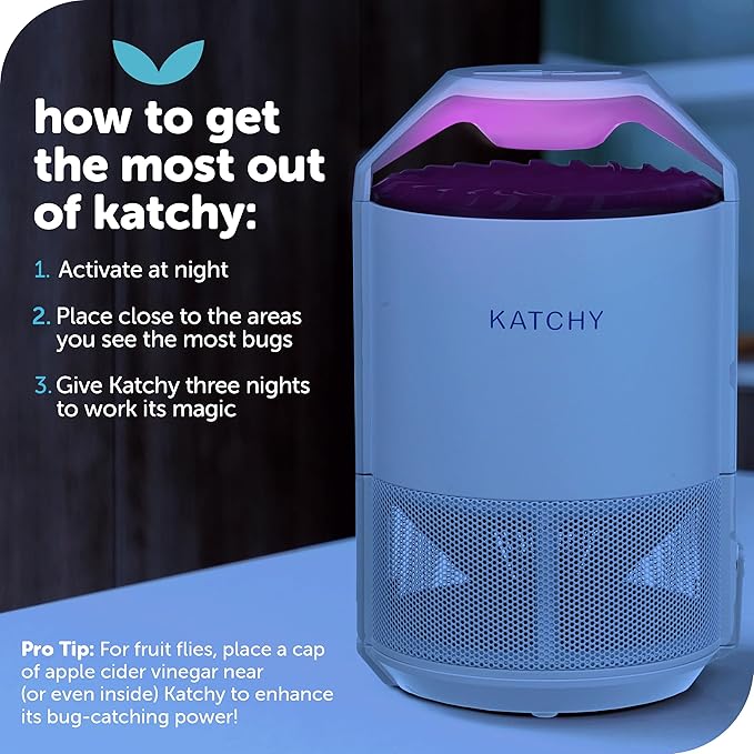 Katchy Indoor Fly Trap– Catcher &amp Killer for Mosquito Fruit Fly Gnat &amp Small Moth – Non-Zapper Trap with Fan Suction &amp Blue UV Light – Ideal for Indoor Spaces Kitchen &amp Plants (Orig