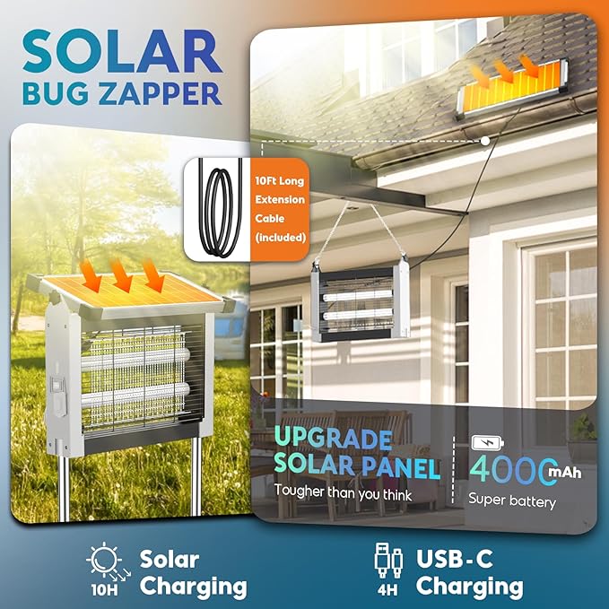 Solar Bug Zapper Outdoor PhatroyYee Mosquito Zapper 4500V Waterproof Portable Fly Zapper Rechargeable Electric Mosquito Killer Cordless Fly Insect Mosquitos Trap for Patio Yard Home Camping(White)