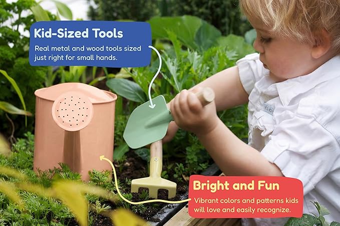 Gardening Set Tool Kit for Kids STEM Includes Tote Bag Spade Watering Can Rake Fork Trowel and Gloves Fruity