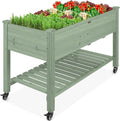 Best Choice Products Raised Garden Bed 48x24x32-inch Mobile Elevated Wood Planter w/Lockable Wheels Storage Shelf Protective Liner - Sage