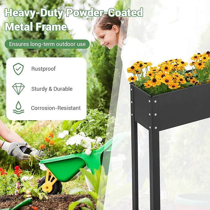 Giantex Raised Garden Bed Metal Planter Box with Legs Drain Hole Outdoor Indoor Elevated Garden Box for Vegetable Flower Herb Fruit Standing Raised Beds for Backyard Porch Balcony Black