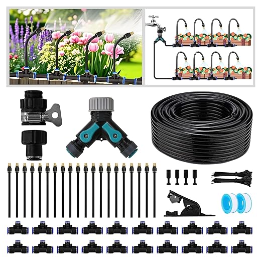 Drip Irrigation Kit - 100 FT. Hose Sprinkler System with 360° nozzles and T-connectors for Gardens lawns Plants Flower beds Trees patios and hydroponics (Closeable nozzle-20)