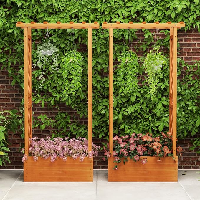 IRONMAX Raised Garden Bed with Trellis &amp Hanging Roof Fir Wood Planter Box for Vegetables Flower Climbing Plants Outdoor Garden Planter w/Drainage Holes for Backyard (2 31” x 14” x 60”)