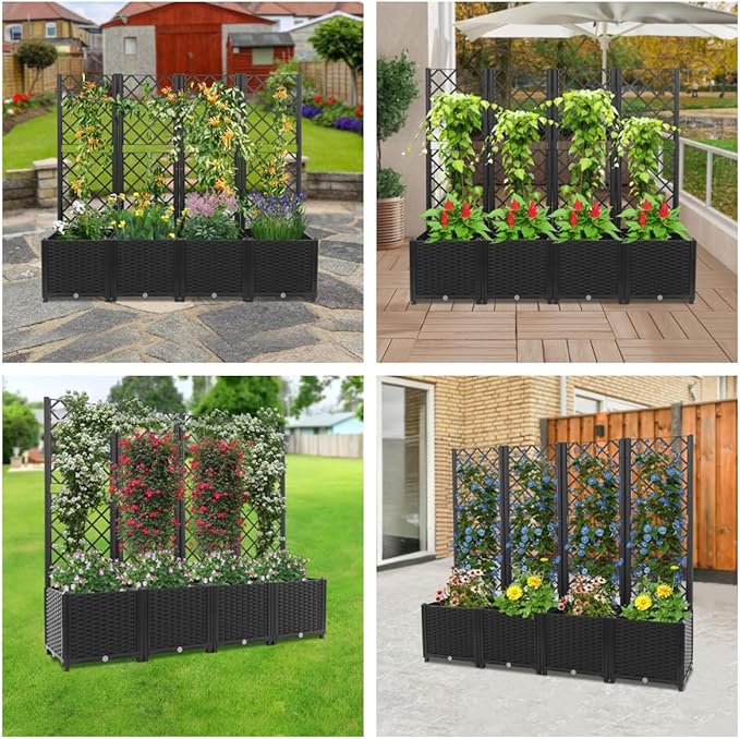 4Pcs Planter Box with Trellis Plastic Raised Garden Bed with Trellis &amp Drainage Holes Privacy Planter Boxes for Climbing Plant Flowers Vegetables for Garden Backyard Patio(Black)