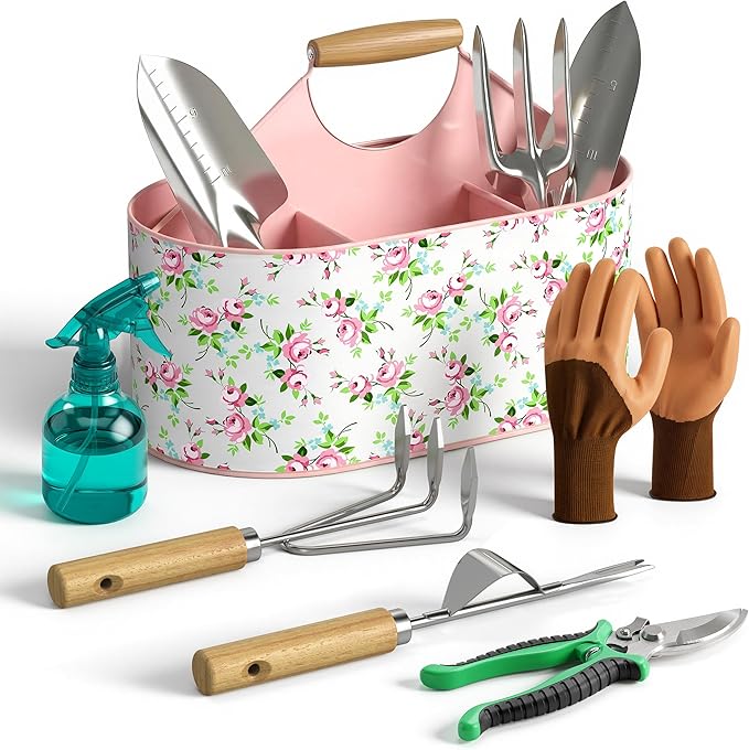 9-Piece Garden Tool Set Heavy-Duty Rust-Resistant Stainless Steel Tools Gardening Kit with Metal Garden Caddy Ideal for Home Garden &amp Gifting (Pink)