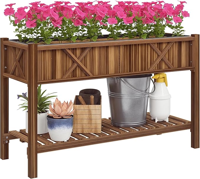 Outsunny Raised Garden Bed Elevated Wood Planter Box with Storage Shelf Drainage Holes and Liner for Backyard Patio Balcony 47 x 22 x 31.5 in Carbonized