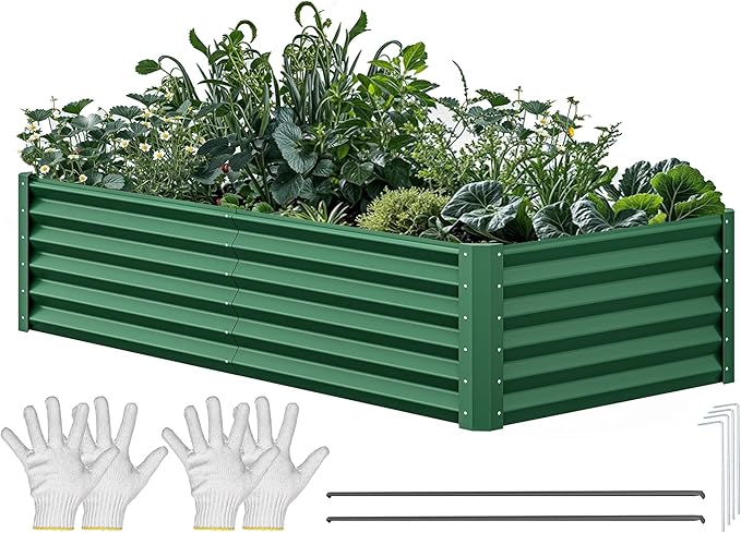 YITAHOME 6x3x1.5ft Large Raised Garden Bed Kit Galvanized Metal Planter Box with Gloves Ground Nails Support Rod Outdoor Above Ground Planters for Plants Vegetables Flowers Green