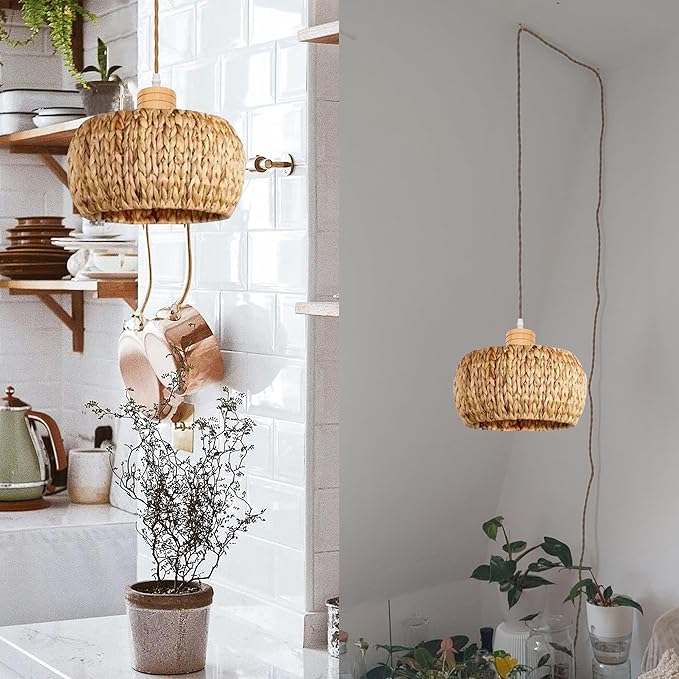 Full Spectrum Plug-in Lamp with Fan Timer Swag Hanging Boho Plant Growing Light by Remote Control Hemp Rope Cord Dimmable Water Hyacinth Drum Shape for Indoor Planting Portable 30W