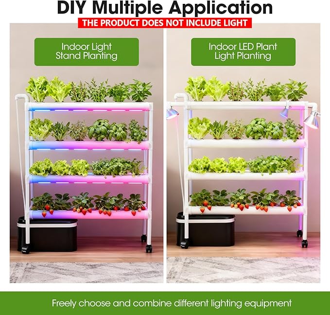 Hydroponics Growing System Kit with Wheels 108 Plant Sites Gardening Aquaponics Tower 4-Tier Food-Grade PVC-U Pipes Water Pump Timer for Leafy Vegetables Indoor Outdoor (34x62x15 in 108 Holes)