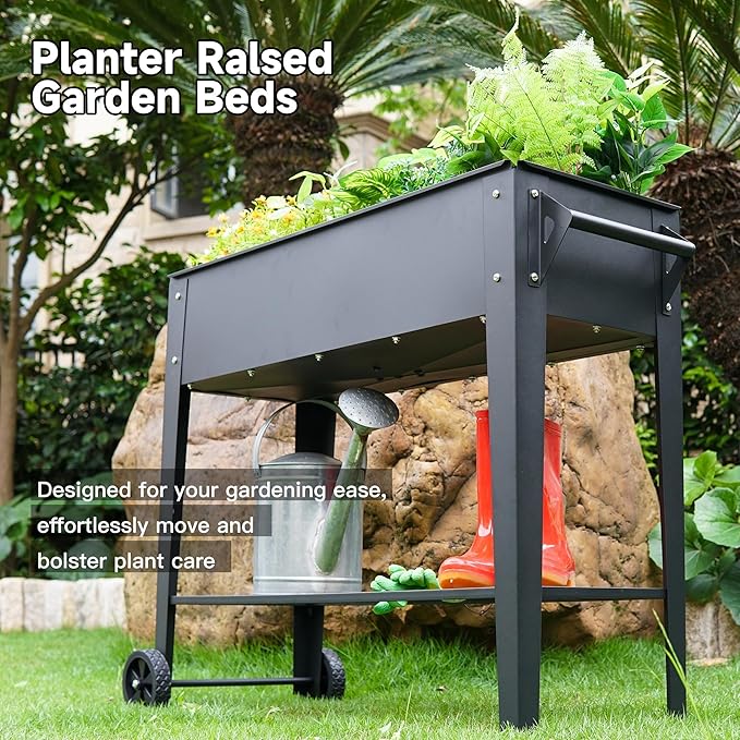 Elevate 32 Tall Raised Garden Bed Outdoor with Wheels &amp Shelf for Mobility 400LBS Capacity Anti-Rust Steel Planter Box for Vegetables/Herbs Patio-Balcony-Backyard