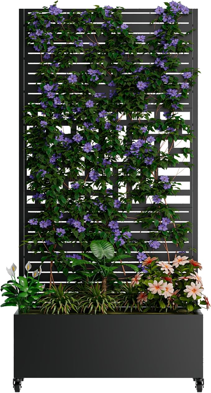 Metal Planter Box with Trellis Raised Garden Bed with Wheels Trellis Privacy Screen Planter for Climbing Plants Vegetables Vines Outdoor Garden Use (Black-5)