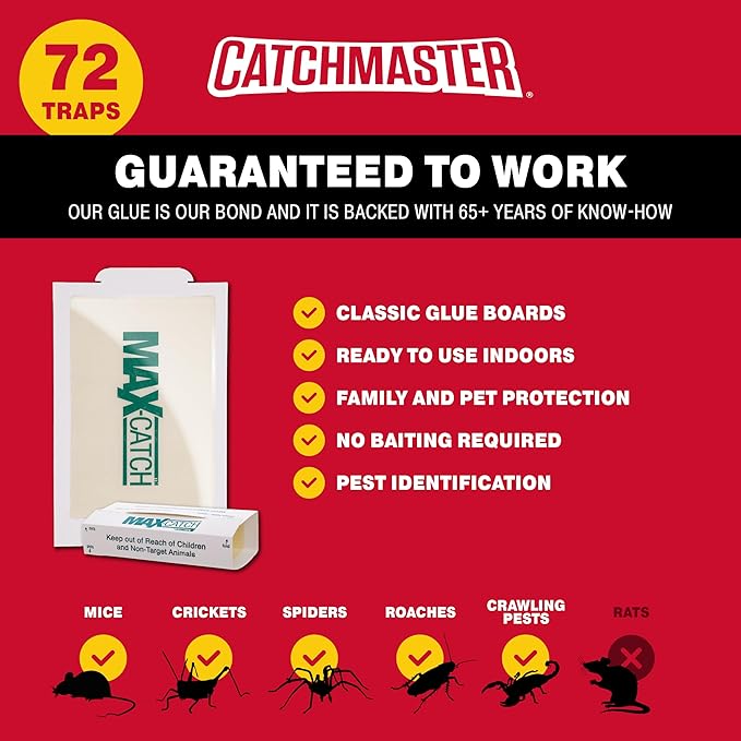 Catchmaster Max-Catch Mouse &amp Insect Glue Trap 72pk Mouse Traps Indoor for Home Sticky Pest Control Adhesive Tray for Catching Bugs Bulk Classic Glue Boards