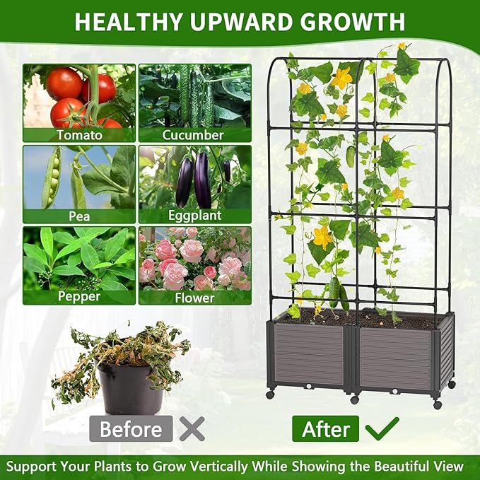 Raised Garden Bed Outdoor Planter Box with Trellis and Wheels Tomato Planter Cage with Trellis Indoor Outdoor Patio Self Watering Planters for Climbing Plants Vegetable Flowers