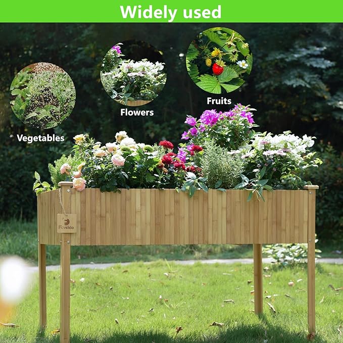 Raised Garden Bed 48x25x30 Inch Raised Bed Elevated Bamboo Planter Box with Legs Standing Growing Bed for Growing Fresh Herbs Vegetables Succulents Flowers