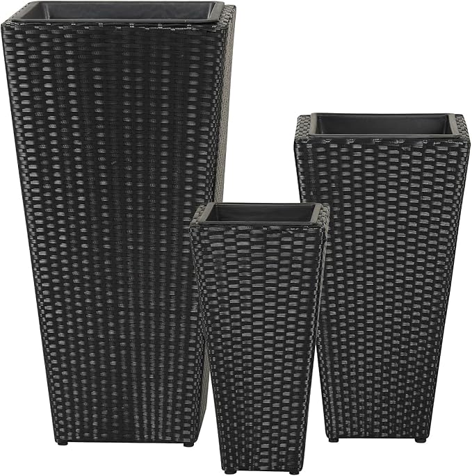Giantex 3 Pack Tall Planters 30-22-18.5 H Tapered Rattan Planter with Detachable Inner Boxes Weather Resistant Indoor Outdoor Standing Wicker Flower Pots for Front Porch Patio Balcony (Black)