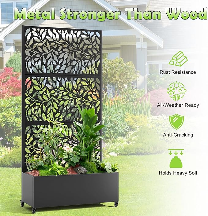 15.7×70.9×35.4 Metal Raised Garden Bed with Trellis and Wheels - Tall Trellis Planter Box for Climbing Plants Vegetables &amp Vines - Outdoor Privacy Planters for Patio (Black)