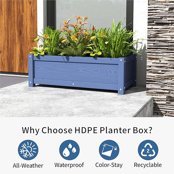 HDPE Planter Box All-Weather Outdoor Garden Bed Easy to Assemble Drainage System Low Maintenance Non-Fading for Flower/Herb/Seed (Navy)