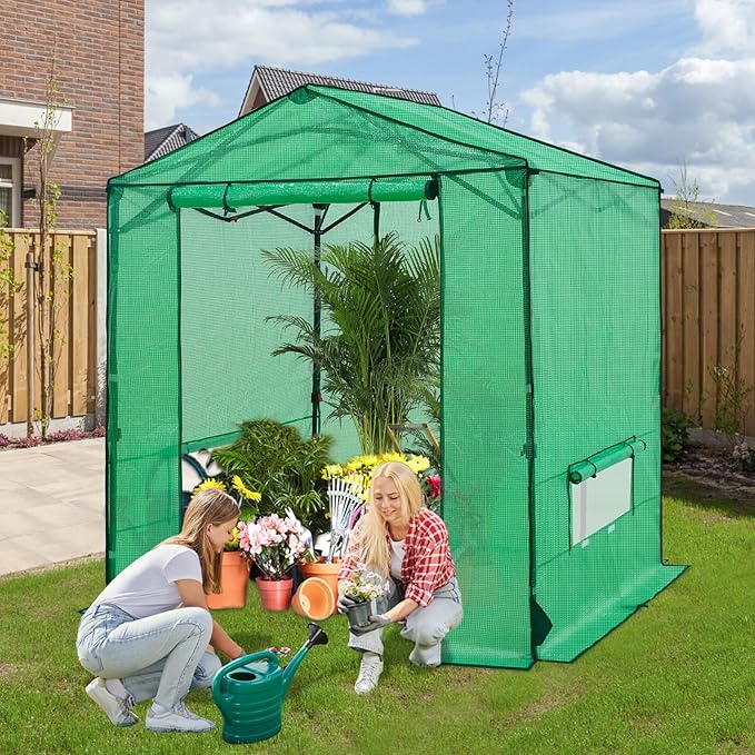 6x6 Pop Up Greenhouse Instant Walk in Green House with PE Cover Power Ports Roll up Doors &amp Windows for Indoor Outdoor Plant Growing Green