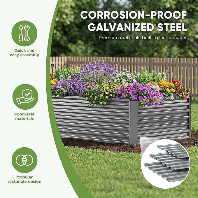Galvanized Raised Garden Bed Outdoor 8x4x2ft Large Raised Bed for Gardening Metal Planter Box for Vegetables Fruits Flowers and Herb Easy Assembly Food Grade Materials Silver